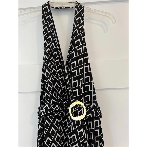 White House Black Market maxi halter dress size Small black white belted v-neck - Picture 4 of 7